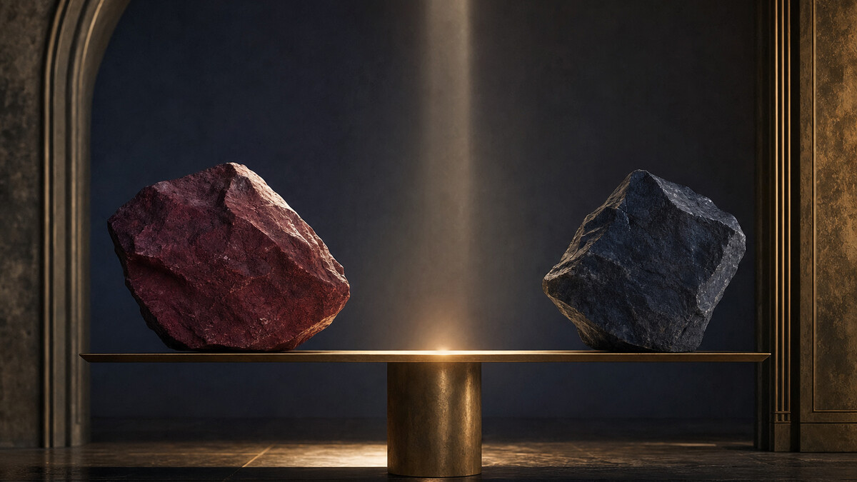 Duas formas de pedra em equilíbrio sobre uma estrutura de metal dourado